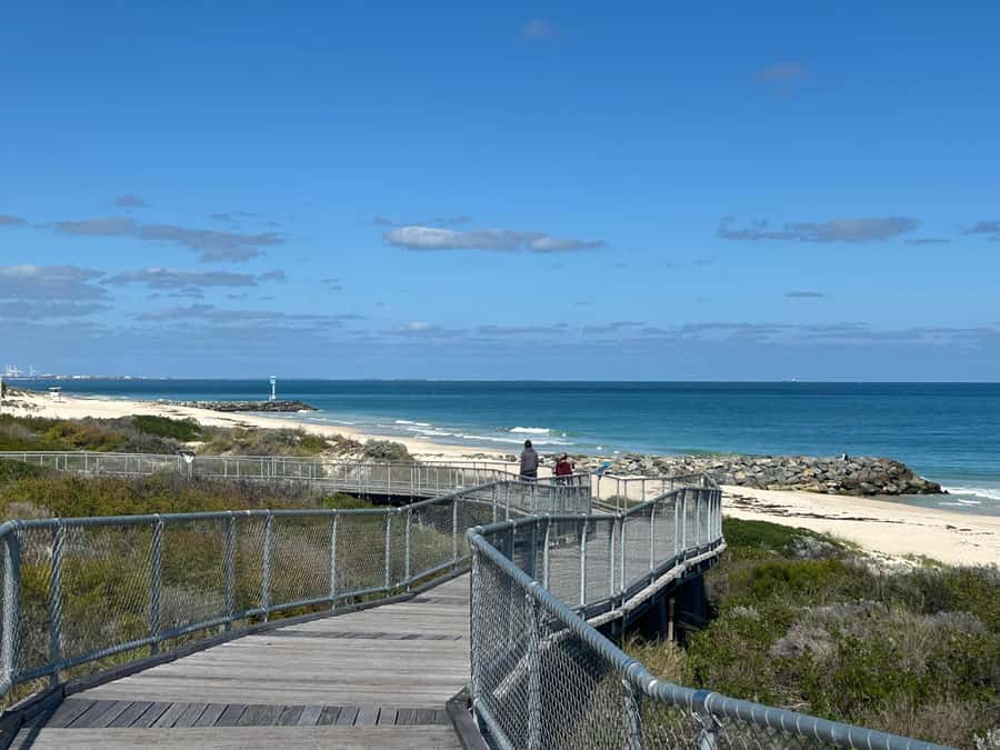 Perth: Coastal Beach Tour in a Mini Cooper Convertible - Cottesloe Beach: pylon, Norfolk Pines, and a proper groyne walk